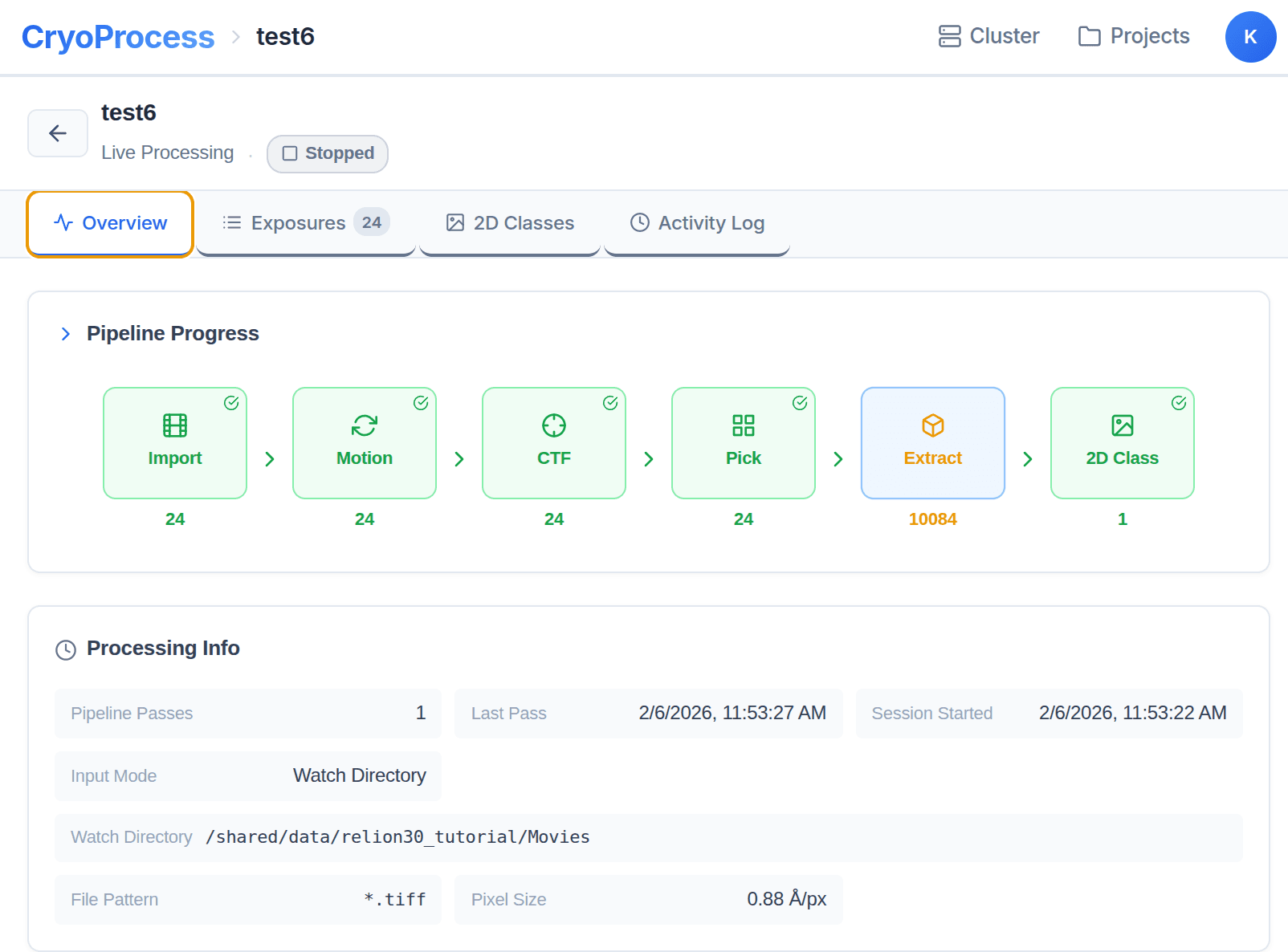 CryoProcess live processing dashboard with real-time job monitoring